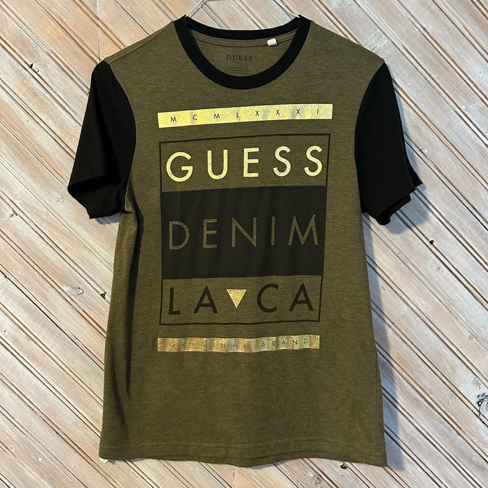 GUESS Denim Green Black & Gold Graphic Tee T Shirt Original Brand